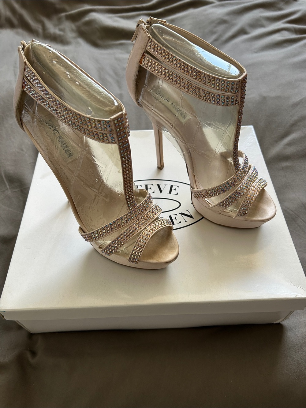 Steve Madden Showstop Light Blush Rhinestone Strappy Stiletto Heels